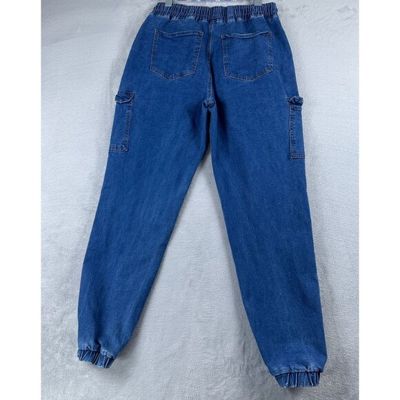 Wax Jean Denim Jogger Pants Womens Size Large Drawstring Waist High Rise Blue - Picture 2 of 12